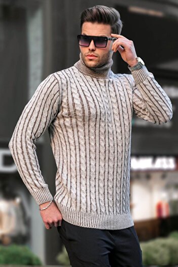 Madmext Beige Turtleneck Knitted Detailed Sweater 6317