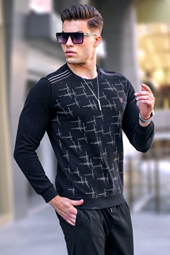Madmext Black Patterned Crew Neck Knitwear Sweater 5968