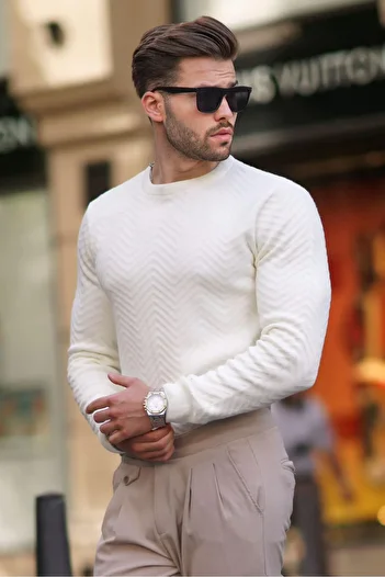 Madmext Crew Neck and Herringbone Patterned White Long Sleeve Knitted Sweater 7219