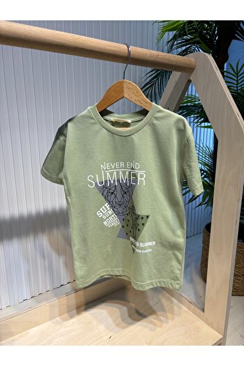 Canbi Kids Boy's Cotton Mint Green Printed T-Shirt with Elastic Waist and Pocket Shorts Set of 2
