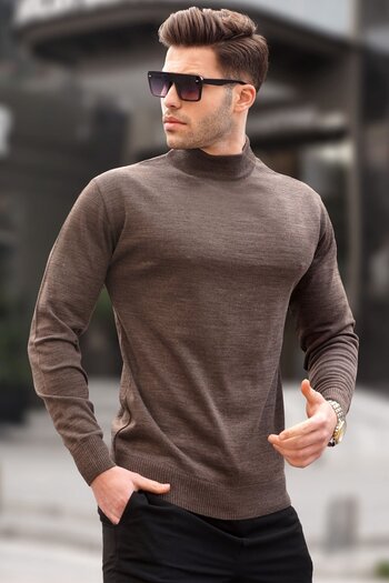 Madmext Ανδρικό πλεκτό πουλόβερ Bitter Brown Slim Fit Half Turtleneck 6343