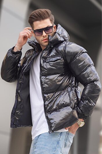 Madmext Černá lesklá základní bunda Puffer s detailem kapsy 5994