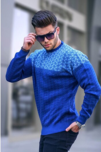 Madmext Indigo Patterned Men's Knitted Sweater 5977