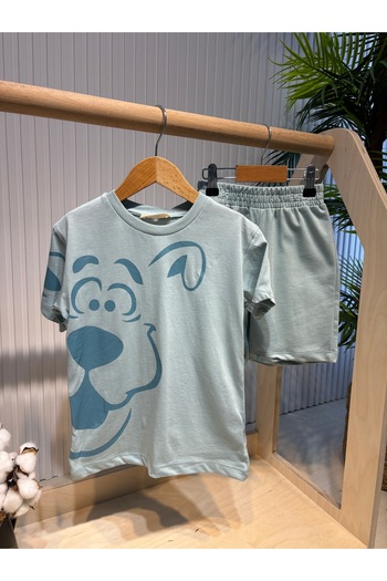 Canbi Kids Boy's Cotton Blue Dog Printed T-Shirt and Elastic Waist Shorts Set of 2
