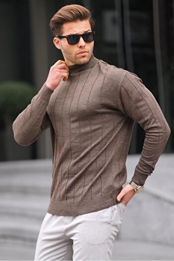 Madmext Dark Brown Slim Fit Half Turtleneck Striped Non-Pilling Men's Knitwear Sweater 6344