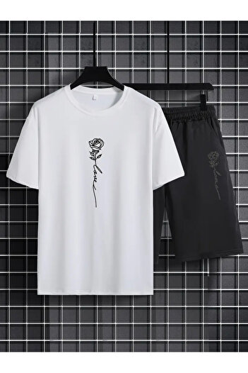 PENTHİLUS Men's Casual T-Shirt and Shorts Set, Round Neck, Medium Elastic, Printed Design, Rose
