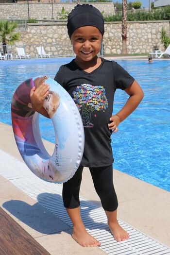 Eslina 1708-1 Tree Printed Children's Pool Swimsuit - Black-Black