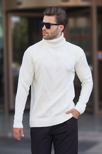 Madmext Long Sleeve Ecru Patterned Knitted Sweater - High-rise 7279