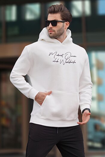 Madmext Men's Sweatshirt 7064 - Printed Ecru with Hood and Pocket Detail