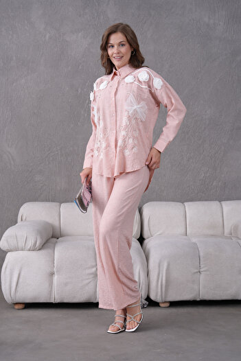 Miss Allos Women's Front Embroidered Rose Flower and Stone Decorated Ribbon Detailed Linen Shirt and Pants Bottom Top Set