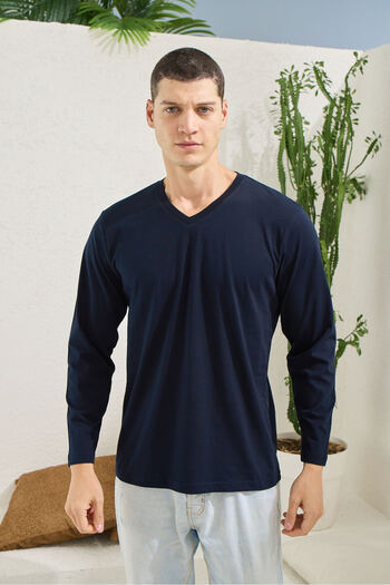 KLY V-Neck Long Sleeve 100% Cotton T-Shirt - Men's Single Top