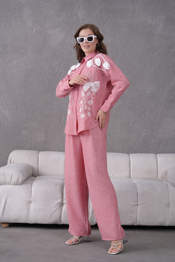 Miss Allos Women's Front Embroidered Rose Flower and Stone Decorated Ribbon Detailed Linen Shirt and Pants Bottom Top Set