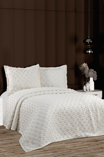 CANDAN ÇEYİZ Delux Double Bedspread with Pompom 240X 250 2 Pillows - Ecru -