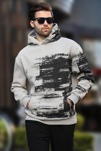 Madmext Men's Sweatshirt - Dyed Gray, Hooded, Patterned Pocket Detail, Model 7059