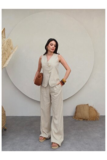 ESRAHELVACI Gold Buttoned Linen Trousers Set