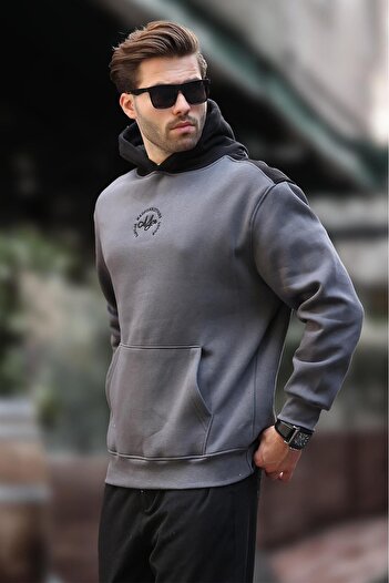 Madmext Füme Kapüşonlu Renk Bloklu Nakış Detaylı Erkek Sweatshirt 7088