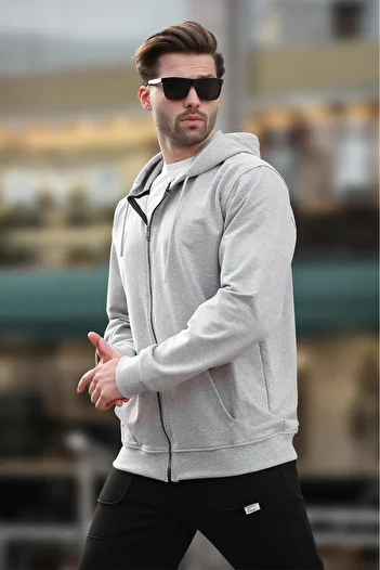 Madmext Men's Gray Hooded Zippered Cardigan 7070