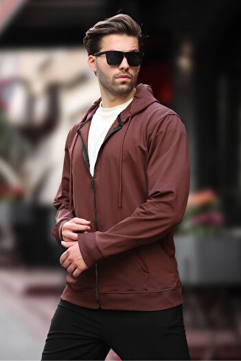 Madmext Men's Hooded Zippered Cardigan 7070 - Bitter Brown