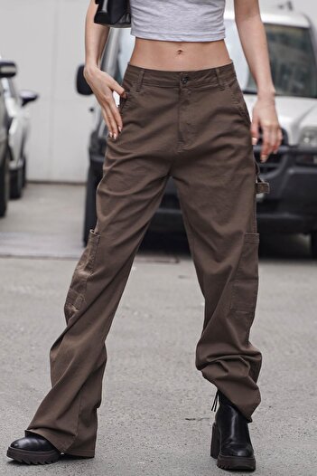Madmext Hnědé kalhoty Straight Fit Cargo Mg1601