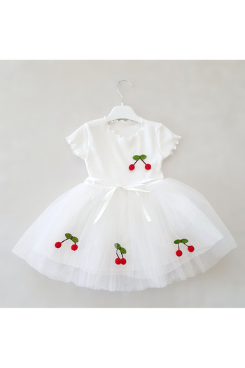 Şirin Şeyler Butiği Lulu Cherry Short Sleeve Baby Girl Kids Cherry Fluffy Tutu Dress Princess Stretchy Lycra White