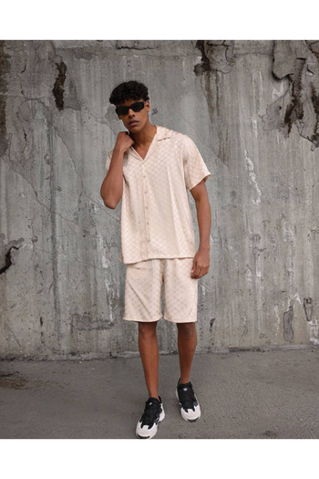 THIMOON Beige Patterned Summer Shirt and Shorts Set