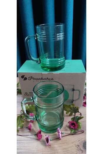 ORTAKÖY CENNETİ Beer Mug Glass 2 Pcs Pasabahce Green Color 55673 400 Cc8 cm Height 12 cm Height