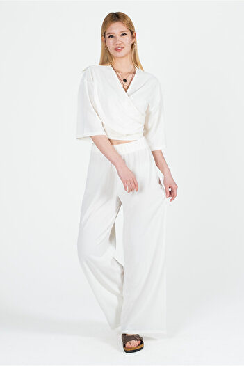 Kyron Women's Wrinkled Fabric Blouse and Pants / Bottom - Top Set / Different Color and Model Options
