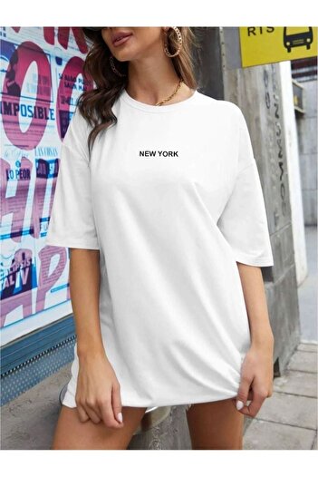 Trendglow Λευκό μπλουζάκι New York Written - Κοντό μανίκι με στάμπα Oversize Crew Neck