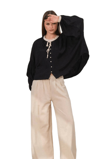 Nana & Mayka Moda Women's Oversize Shirt Garnished Round Neck 100% Viscose Loose Cut Shirt 2001