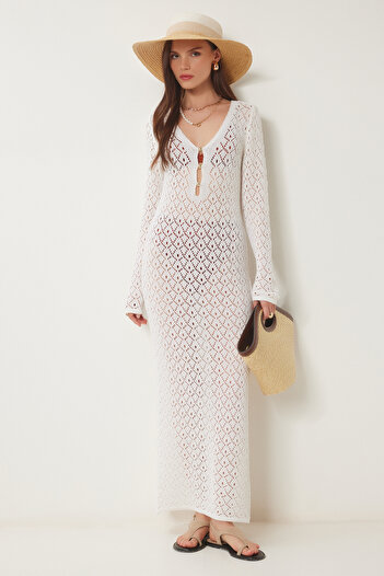 Lovelyİstanbul Bead Detailed Openwork Summer Knitwear Dress Bone Lki0029