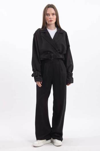 Hatun Atila Oversize Short Double-Breasted Cut Belted Trench Coat - Black