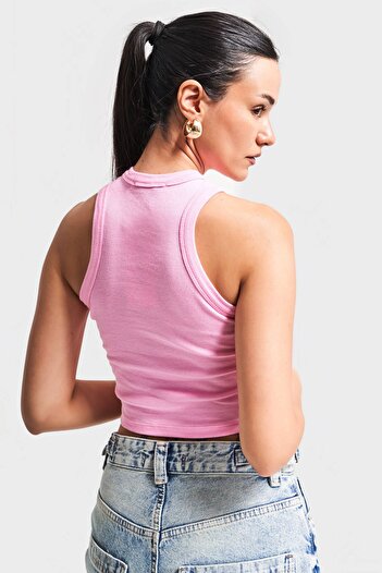 its basic Kadın Pembe Renk s5-98 Halter Yaka Esnek Kaşkorse Kumaş Crop Top Body