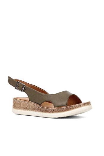 Celal Gültekin Women's Khaki Buckle Wedge Heeled Leather Sandals