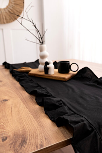 Morlay Naturel Siyah Fırfırlı Keten Runner - 40x150 cm