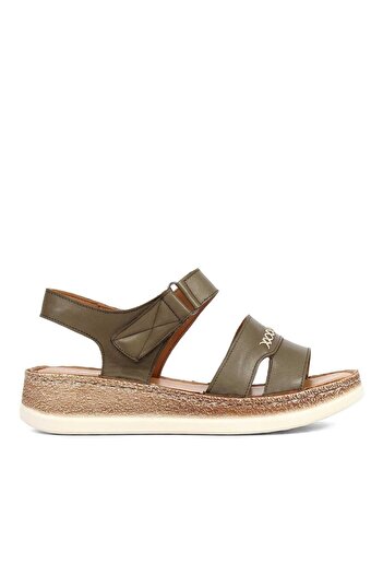 Celal Gültekin Women's Khaki Strappy Wedge Heeled Leather Sandals