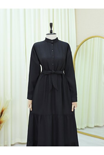 Modamorfo Half Button Stand Collar Tie Waist Linen Dress -Black