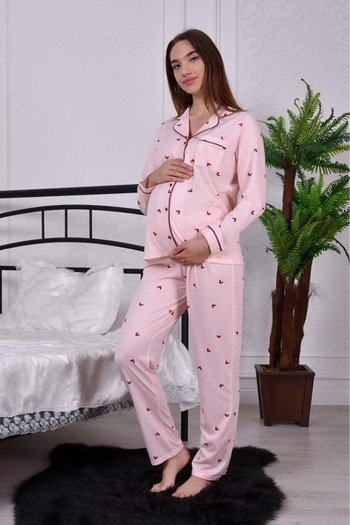 LadyMina Pijama Σετ πιτζάμες εγκυμοσύνης Ladymina Pink Claret Red Heart μακρυμάνικο