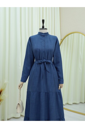 Modamorfo Half Button Stand Collar Tie Waist Linen Dress -Indigo