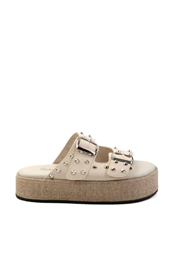 Bambi Beige Leather Women's Slippers K 04423050003