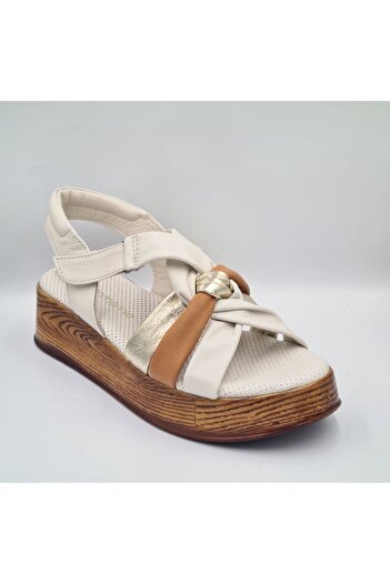 Mammamia D25Ys-5115 Cream Color Genuine Leather Anatomical Insole Side Velcro Women's Sandals