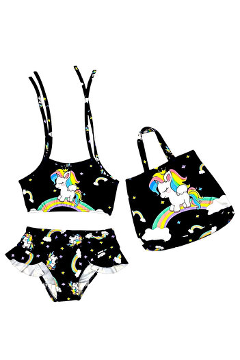 Lolliboomkids Girl's Black Color Legendary Horse Printed Beach Bag Bikini Set 3 Pieces