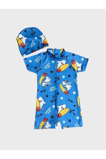 ALİŞ KİDS Boy's Blue Shark Skateboard Patterned Bonnet Short Sleeve Protected Swimsuit