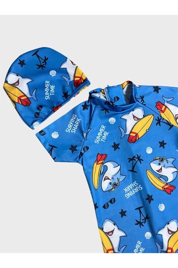 ALİŞ KİDS Boy's Blue Shark Skateboard Patterned Bonnet Short Sleeve Protected Swimsuit