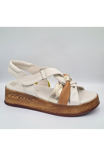 Mammamia D25Ys-5115 Cream Color Genuine Leather Anatomical Insole Side Velcro Women's Sandals