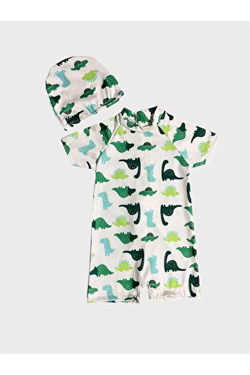 ALİŞ KİDS Boy's Ecru Dinosaur Patterned Boned Short Sleeve Protected Swimsuit
