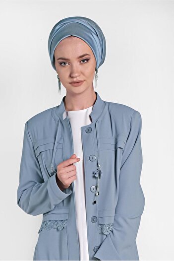 Alvina 1468 Model Judge Collar and Jewelled Buttoned Top Coat