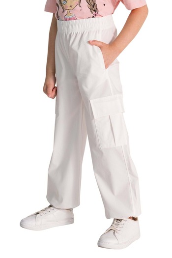 wakawakakidsstore Parachute Fabric Wide Leg Girls' Pants with White Pockets - White