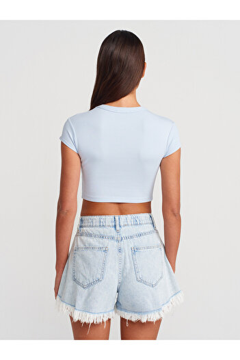Dilvin 31810 Crew Neck Crop T-Shirt-Light Blue
