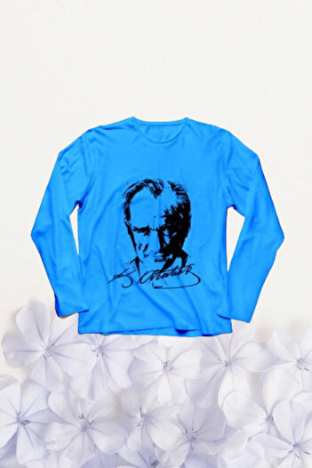 Nacar Kız Erkek Çocuk 23 Nisan Atatürk Baskılı Uzun Kol Gösteri Tshirt Yetişkin Unisex Mavi Tshirt R24