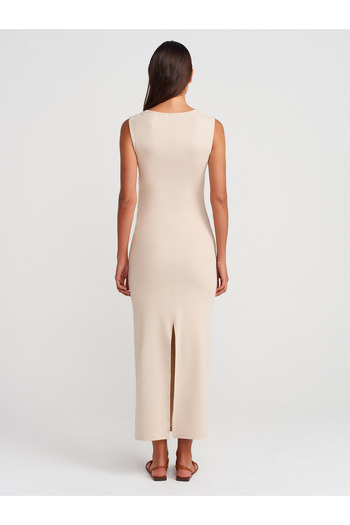 Dilvin 91460 Rochie midi cu guler pătrat-bej
